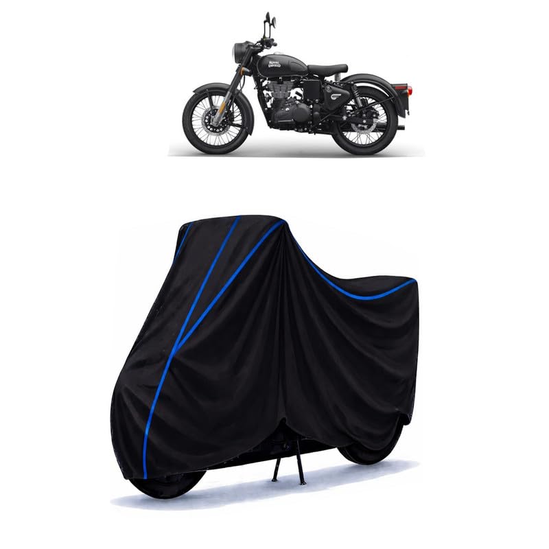 Image of Classic 500 ABS Bike Cover Water Resistant Universal Motorcycle Rain | Heavy Duty UV Protection, Dust, Scratch Indoor Outdoor All Weather with Black Blue Piping Elastic
