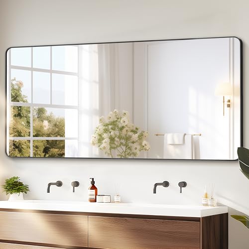 Image of Delma Bathroom Vanity Mirror, Black Framed Mirror for Over Sink, 30x60 | HD glass, distortion-free for makeup and grooming, Sturdy frame, all mounting hardware, hangs horizontal or vertical