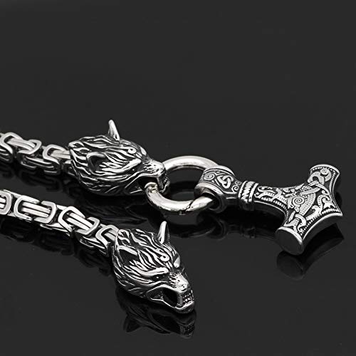 GuoShuang Wolf Head with Thor Mjolnir Pendant Necklace Stainless Steel - King Chain3