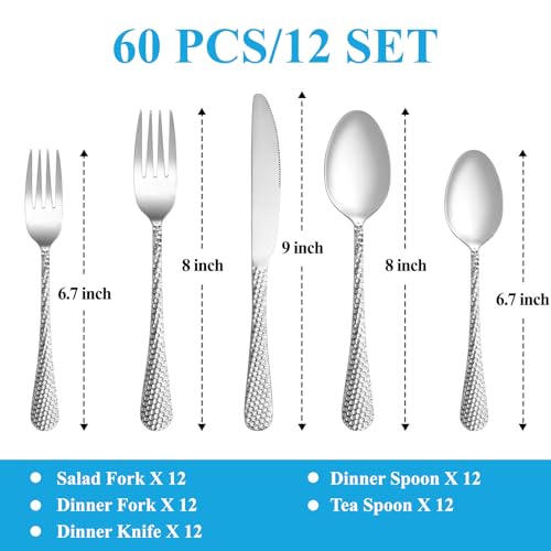 60 Pcs Hammered Silverware Set Service for 12,Stainless Steel Flatware Set,Mirror Polished Cutlery Utensil Set,Durable Home Kitchen Eating Tableware Set,Include Fork Knife Spoon Set,Dishwasher Safe