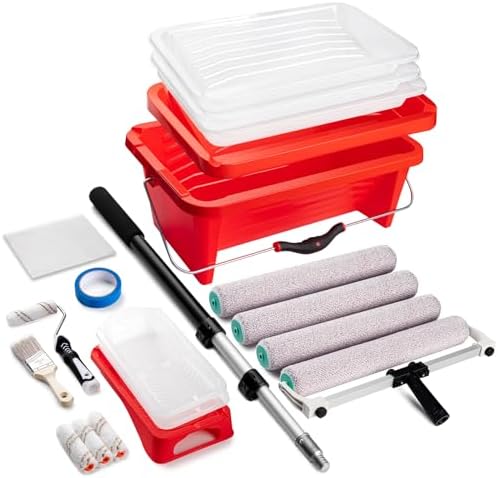 Mister Rui 23-Piece Professional Paint Roller Kit, 4"18" Microfiber Paint Rollers with Extension Pole 4 FT, Paint Bucket, Paint Pan with Liners, Long Paint Roller for Painting Walls &amp; Ceil
