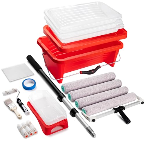 Mister Rui 23-Piece Professional Paint Roller Kit, 4"18" Microfiber Paint Rollers with Extension Pole 4 FT, Paint Bucket, Paint Pan with Liners, Long Paint Roller for Painting Walls & Ceilings