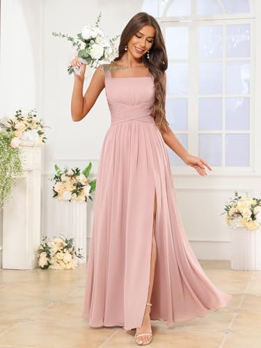 Women's Square Neck Chiffon Bridesmaid Dresses with Pockets Pleated A Line Formal Evening Dresses with Slit3