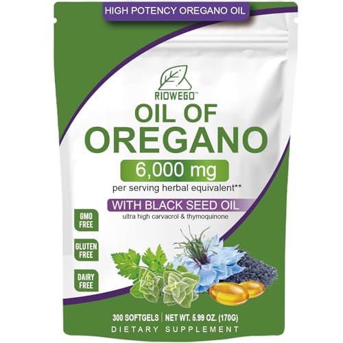 RIOWEGO Oil of Oregano Softgels with Black Seed Oil, 6000mg High Potency Oregano Oil Capsules for Immune Support, Gut Function Support, Carvacrol & Thymoquinone, Non-GMO, Gluten Free, 300 Softgels