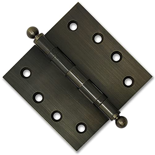 Finsbury Hardware Solid Brass Door Hinge Heavy Duty Ball Bearing 4X4 Inch With Decorative Screw-On Tips Included - Set Of 3 Hinges (Antique Brass) #TOP3