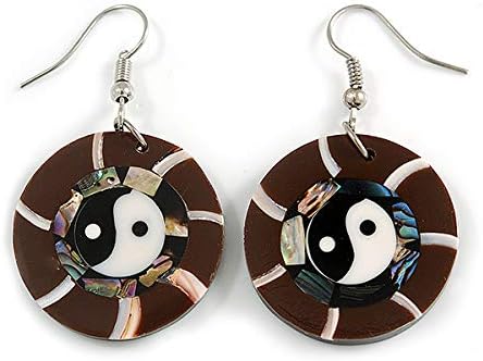 Round Brown Shell Yin Yang Drop Earrings/45mm Tall/Silver Tone Hook, silver, brown - Image 5