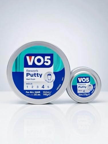VO5 Rework Putty Hair Styling Matt Finish, Full Size 150ml & Travel Size 30ml, Hold Level 4, Texture & Shape Control for All Hair Types, 2 Pack Set
