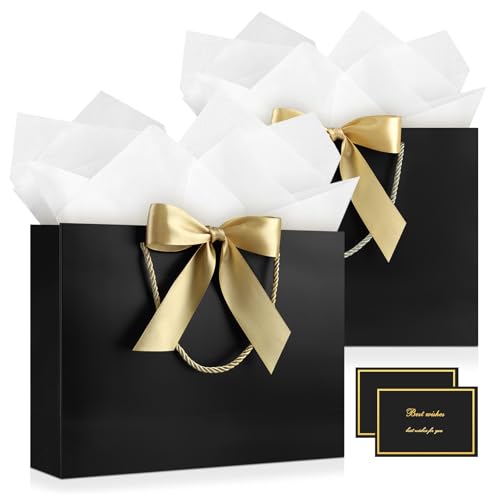 Image of JMANNI Gift Bags with Handles, 11 inch Small Gift Bag for Presents, 2 Pcs Bags with 4 Tissue Paper and 2 Cards for Baby Shower Wedding Bridal Shower Mother's Day Birthday Party (Black)