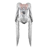 Yoyomomozi Sparkly Mirror Rhinestone Fringed white Leotard Performance Stage Party drag queen Outfit Nightclub Rave Bodysuit Clothing (white, one size)