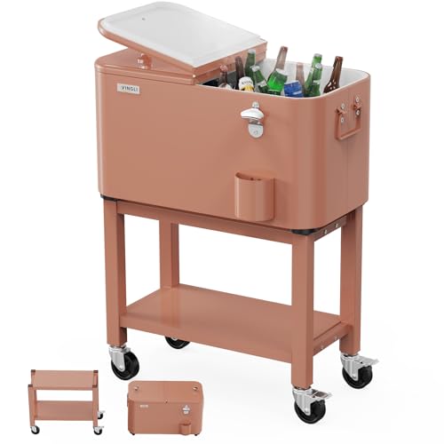 VINGLI Patio Cooler, Rolling Ice Chest on Wheels, Portable Patio Party Bar Drink Cooler Cart, with Shelf, Beverage Pool with Bottle Opener,Water Pipe (Latte, 60QT)