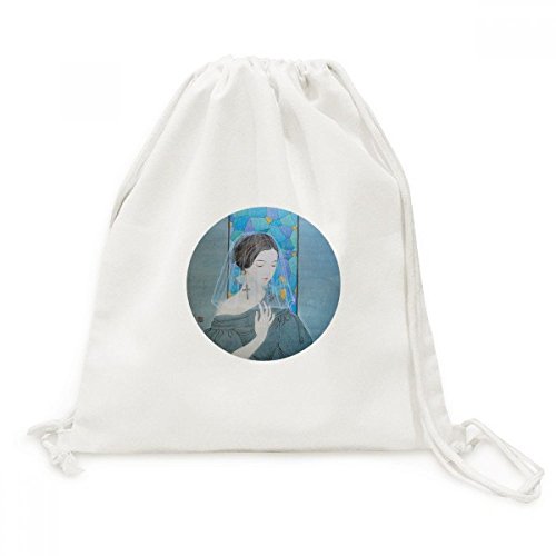 Peinture chinoise toile drawstring backpack voyage bleu blanc