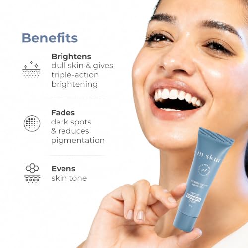 Image of in.skin Skin Brightening Cream with Nonapeptide-1, Niacinamide & Vitamin C | Reduces Dark Spots & Pigmentation | Evens Skin Tone & Boosts Radiance | Nanoplex Technology | For All Skin Types (Blue, 10 gm)