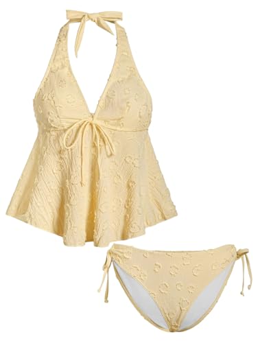 OYOANGLE Womens Tankini Swimsuits Textured Flowy Halter Bikini Set Tummy Control Modest Bathing Suits Yellow Large