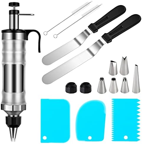 Cake Decorating Syringe Set - 1 Stainless Steel Cupcake Frosting Filling Injector, 2 Offset Spatula, 6 Icing Piping Nozzles, 3 Cream Scraper, 2 Nozzle Brush - Dessert Decorator Tools (black)