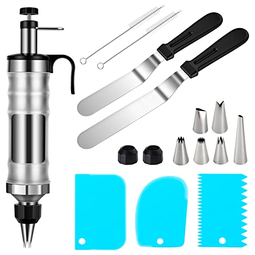 Cake Decorating Syringe Set - 1 Stainless Steel Cupcake Frosting Filling Injector, 2 Offset Spatula, 6 Icing Piping Nozzles, 3 Cream Scraper, 2 Nozzle Brush - Dessert Decorator Tools (Black) #TOP1