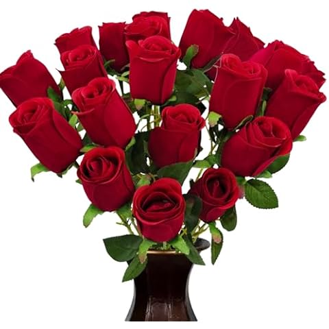 FOUSUKA 12PCS Red Fake Roses Velvet Real Touch Artificial Roses Flowers with Long Stems Faux Rose Bouquets for Home Wedding Party Table Floral Centerpieces Arrangements Hotel Office Decorations Cover