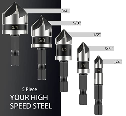 Countersunk Bit Set For Metal, M2 Cobalt Countersunk Bits 5 Pieces, 1/4" Hex Shank Countersunk Bit Set For Drilling In Copper, Aluminum, Wood, Plastic #TOP2