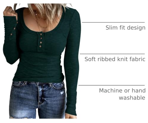 Image of Women Long Sleeve Henley Shirts Scoop Neck T-shirt Basic Tops | Lightweight Soft Ribbed Knit Tees, Casual Tunics,Slim Fit Button Up Top,Spring Outfits, Fall Winter Layering,Daily Wear