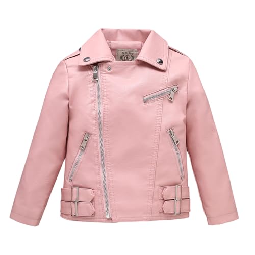 ELUCKFACE Kids Faux Leather Biker Jacket, Motorcycle Style with Lapel Collar Spring Fall Coat for Boys and Girls Pink 4-5Years
