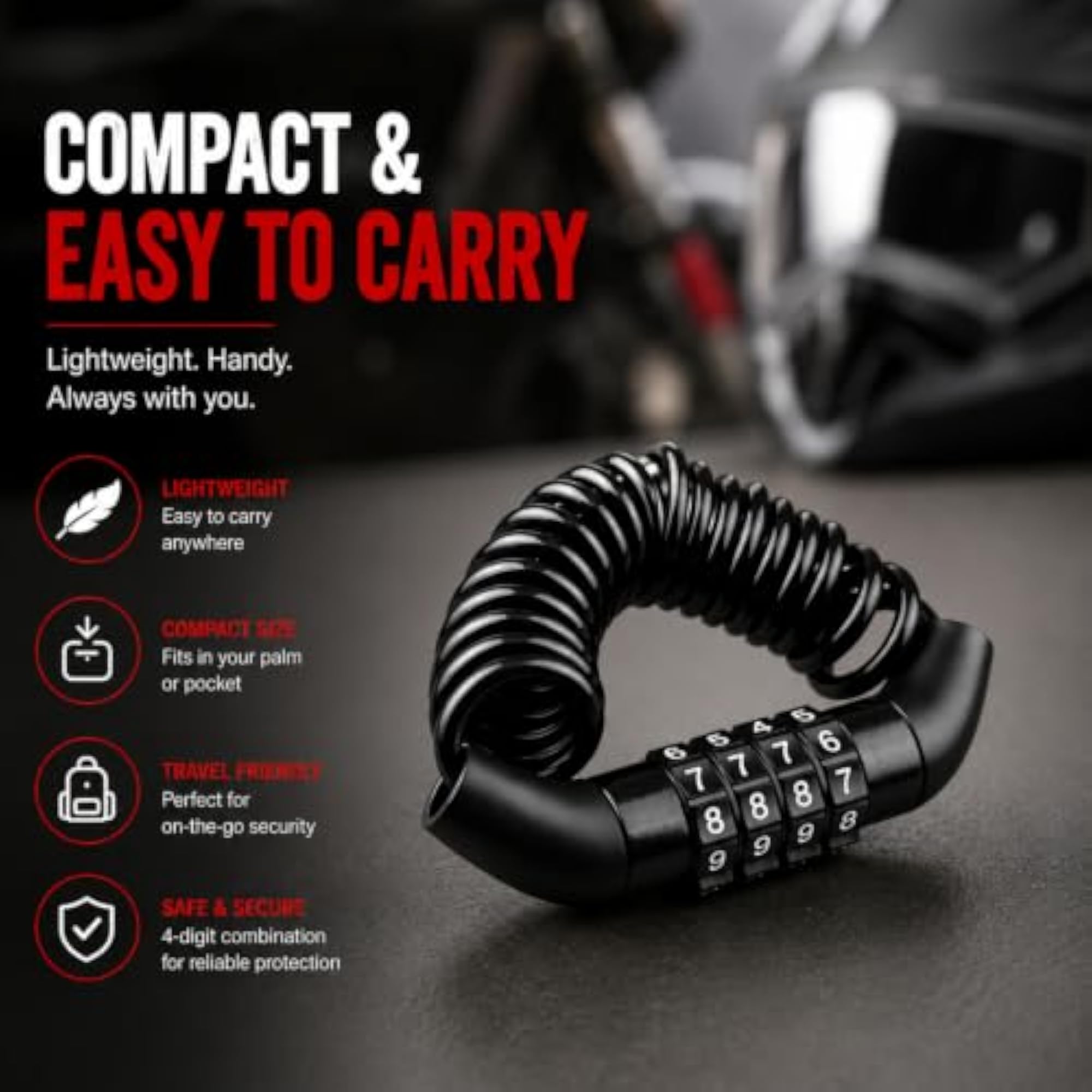 Multi-Purpose Keyless Helmet Lock for Bike & Cycle, Heavy Duty Steel Cable