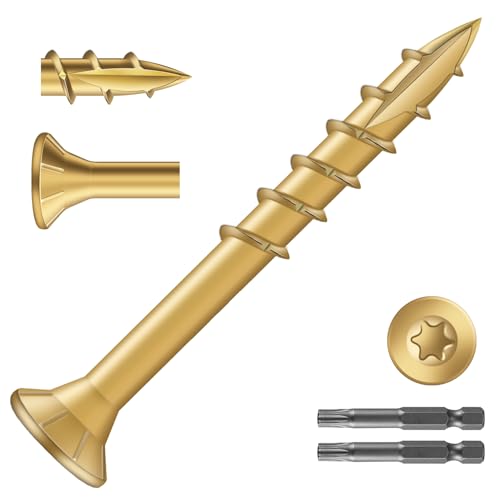 Image of #8 x 1-1 /2 inch Deck Screws (1610Pcs) 10lb. Exterior Wood Screws. Carbon Steel, Tan, Flat Head, Rust Resistant epoxy Coated, with T25 Star Bit