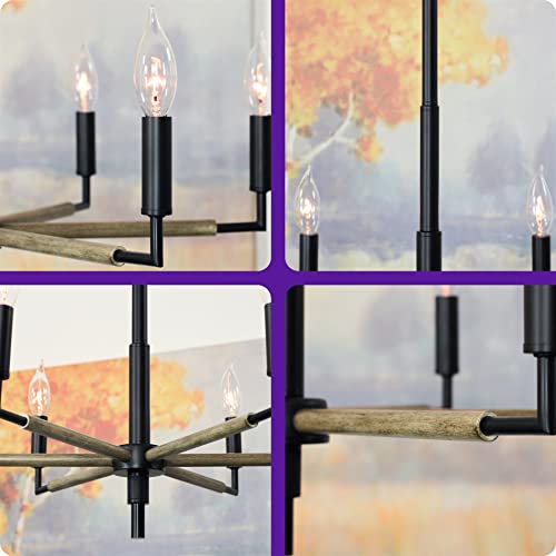 Kira Home Kinsley 22.5" 6-Light Modern Farmhouse Chandelier, Adjustable Hanging Height, Smoked Birch Wood Style + Black Finish #TOP4