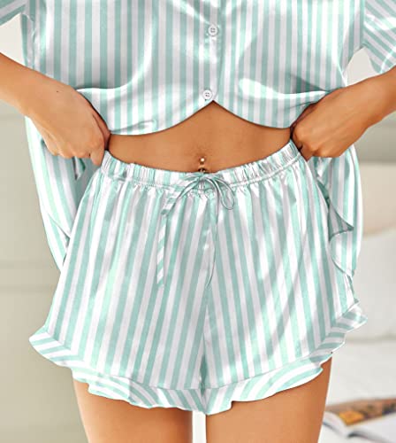 Image of HOTOUCH Womens Satin Pajamas Set Button Down 2 Piece Silk Pjs Shorts Set Ruffle Lingerie Notch Collar Sleepwear