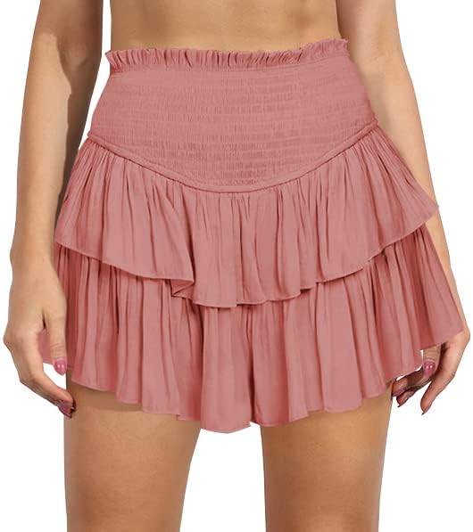 HOKOYIWomen's Summer High Waist Smocked Ruffle Skirt Cute Flowy Layered Mini Skirt Skort Beach Casual