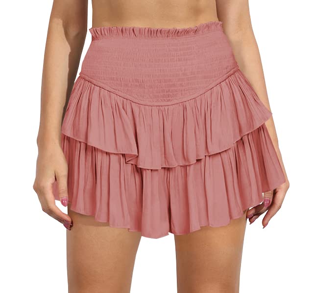 HOKOYIWomen's Summer High Waist Smocked Ruffle Skirt Cute Flowy Layered Mini Skirt Skort Beach Casual