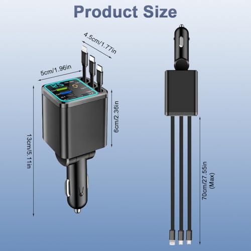 Image of STHIRA 120W Fast Car Charger Type C with Retractable Cables 7 in 1 Multi-Port USB-A & USB-C PD Charging Station LED Voltage Display Starry Ambient Light Car Charger Socket