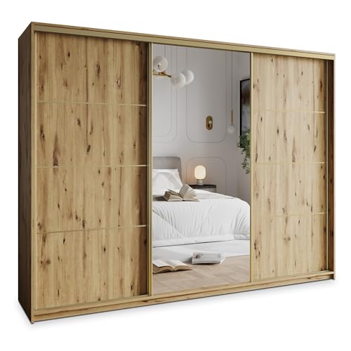 Masseno Schwebetürenschrank VARO 250/205/60 cm Kleiderschrank mit 4 Schubladen Schlafzimmer Schiebetürenschrank 3-türig mit Spiegel Eiche Artisan