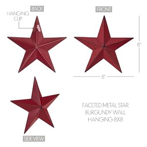 VHC Brands Patriotic Faceted Metal Star Burgundy Wall Hanging 8×8 Independence Day Decor American Star Design Distressed Appearance Metal Wall Hanging Star Shape Country Burgundy