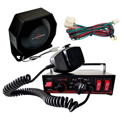 Evershine Signal 12V -24V 100W Police Siren PA System [Slim Speaker [Handheld Microphone] [Hands-Free] [2 x 15A Switches] 7 Tones for Police, Ambulance, Fire Fighting, Engineering Vehicles