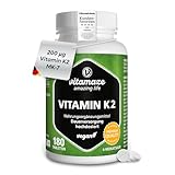 Vitamin K2 hochdosiert & vegan, 200 mcg MK-7 Menaquinon (zertifiziert, All-Trans-Form), 180 Tabletten 6 Monatsvorrat, Natürliche Nahrungsergänzung ohne Zusatzstoffe, Made in Germany