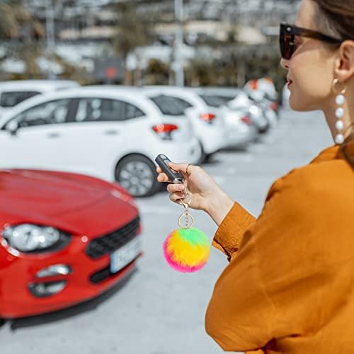 2 Pcs Fluffy Keychain Rainbow Pom Pom Keyring 3.9 Inch Soft Plush Keyring Faux Fur Ball Pendant with Gold Plated Keyring for Women Girl Handbag Backpack Hanging Decoration