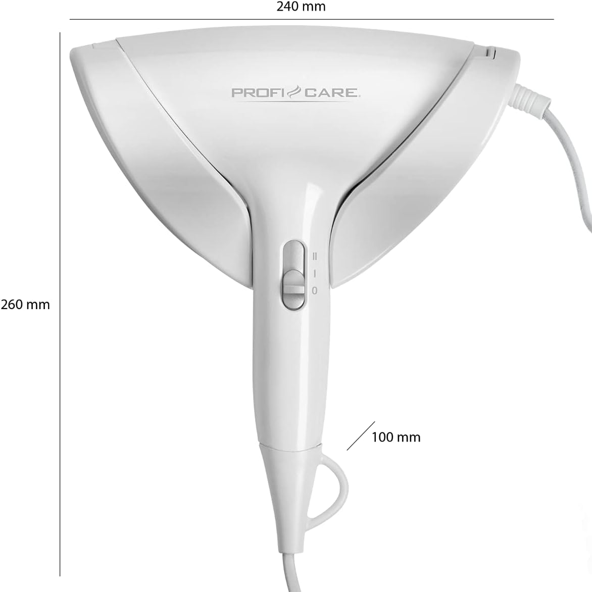 Technical drawing of the ProfiCare PC-HT 3044 hair dryer with dimensions: 240mm width, 260mm height, 100mm depth.