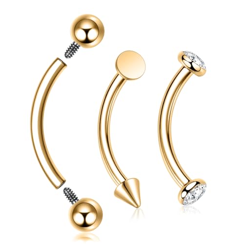 FUNLMO Eyebrow Piercing Jewelry Curved Barbells Titanium Vertical Labret Lip Jewelry Internal Threaded Eyebrow Rings Rook Tragus Helix Daith Piercing Jewelry 16G 6mm Gold