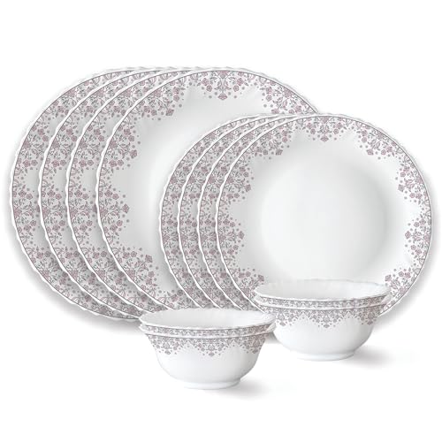 Image of Larah by Borosil Lark Fluted Series Opalware Dinner Set | 12 Pieces for Family of 4 | Microwave & Dishwasher Safe | Bone-Ash Free | Crockery Set for Dining & Gifting | Plates & Bowls | White