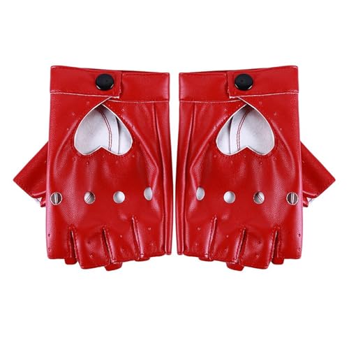 AWAVM Leather Fingerless Gloves,Black Fingerless Gloves for Women Men,Punk Half Finger Hollow Out Biker Accessories for Motorcycle,Dance, Player, Rock, Hip Hop, Cosplay (Red)