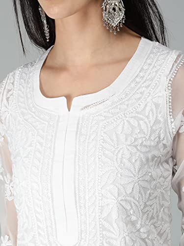 Image of Seva Chikan Hand Embroidered Lucknowi Chikankari Regular Straight Georgette Kurta Kurti for Women with Cotton Inner Slip SCL4254