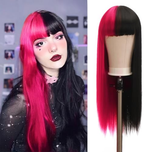 Peluca de Cosplay de Draculaura, Peluca Negra y Rosa Niñas, Peluca Larga y Recta de Dos Tonos, Accesorios de Peluca de Cosplay de Anime para Carnaval, Halloween Navidad Cumpleaños Fiesta de Cosplay