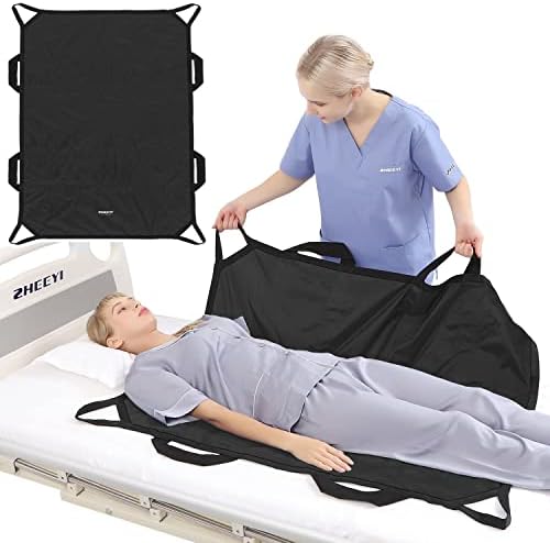 ZHEEYI Multipurpose 43" x 36" Positioning Bed Pad with Reinforced Handles - Reusable & Washable Patient Sheet for Turning, Lifting & Repositioning - Double-Sided Nylon Fabric, Black