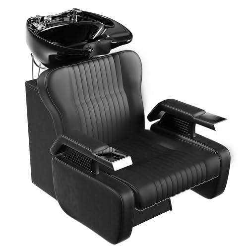 Image of Shampoo Bowl and Chair Set for Salon,Backwash Chair with Adjustable Tilting Porcelain Sink, Salon Hair Washing Station with Ceramic Shampoo Bowl Neck Rest