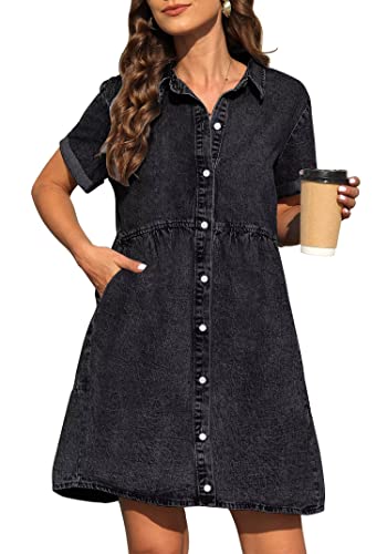 KDF Denim Dress for Women with Pockets Short Sleeve Babydoll Denim Shirt Dresses for Women 2025