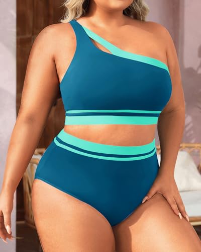 Aqua Eve Women Plus Size High Waisted Bikini One Shoulder Two Piece Swimsuit Color Block Bathing Suits3