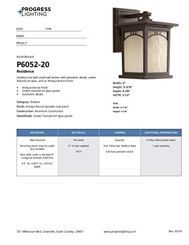 Progress Lighting Residence Collection 1-Light Umber Textured Art Glass Craftsman Outdoor Small Wall Lantern Light Antique Bronze, 6" #TOP28