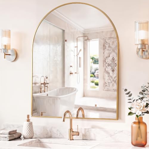 Image of Sweetcrispy 30 inchx40 inch Arched Gold Bathroom Mirror, Bathroom Mirrors for Over Sink, Modern Wall Mirrors Arch Decorative for Entryway, Bedroom, Vanity,Horizontal or Vertical Hanging
