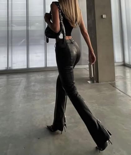 Raboolion Women's High Waist Pu Leather Skinny Flared Pants Zipper Y2k Trousers Faux Leather Sexy Clubwear Pants Black2