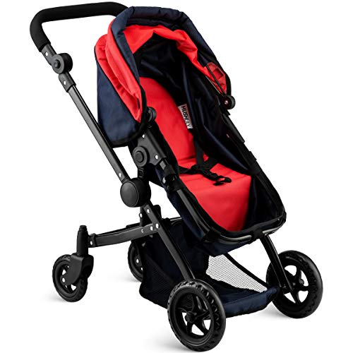Hushlily® My First Baby Doll Deluxe Stroller In Red And Navy Blue For Toddlers And Kids, Bassinet Stroller With Convertible Seat, Swiveling Wheels, Adjustable Handle And Storage Basket #TOP4