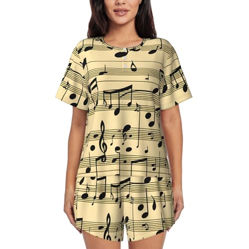 Pijama de manga corta para mujer con estampado de notas musicales para verano